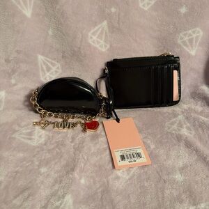 Juicy Couture Black Patent Mini Coin Purse & Card Holder with Gold Charm Chain